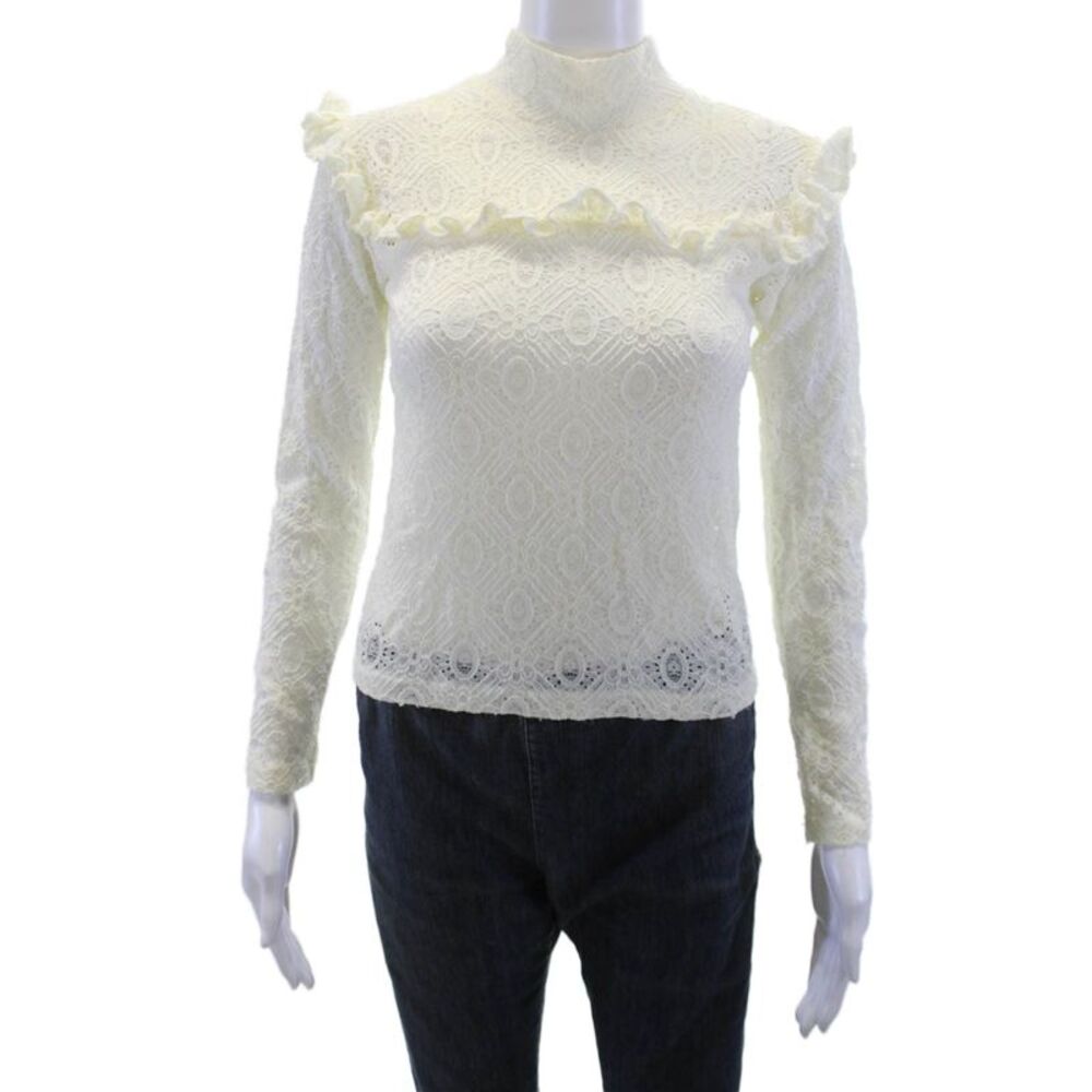 Lykke Wullf Women White Mock Neck Long Sleeve Bohemian Blouse Size XS